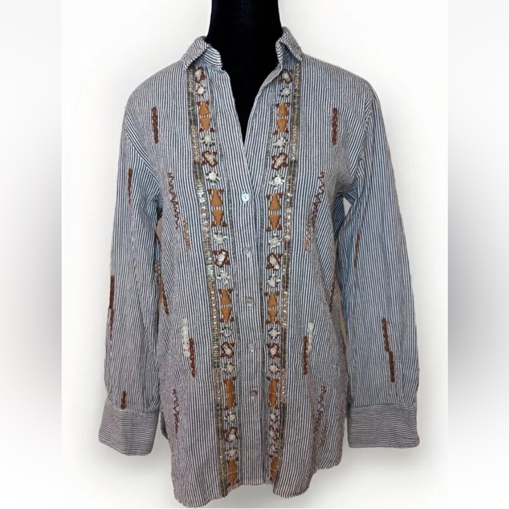 Zara Button Up Shirt Top Gray Striped Embroidered Beaded Southwestern Boho XS